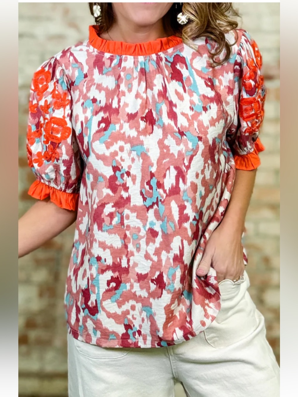 NWT Watercolor VOY Embroidered Abstract Blouse. Women’s Sz-M Embellished | Coral - Picture 3 of 12